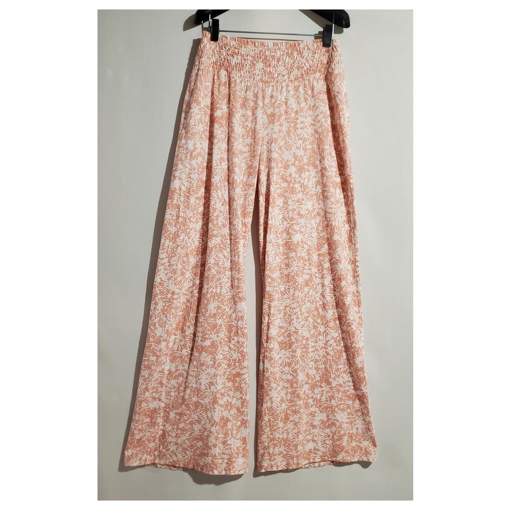 Garnet Hill Organic Cotton Wide Leg Pull-On Smocked Waist Floral Pants Size M